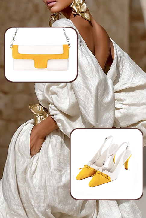 Dress slingback bow heels in yellow and pure white leather with high slim heels and tapered toe - Worn view